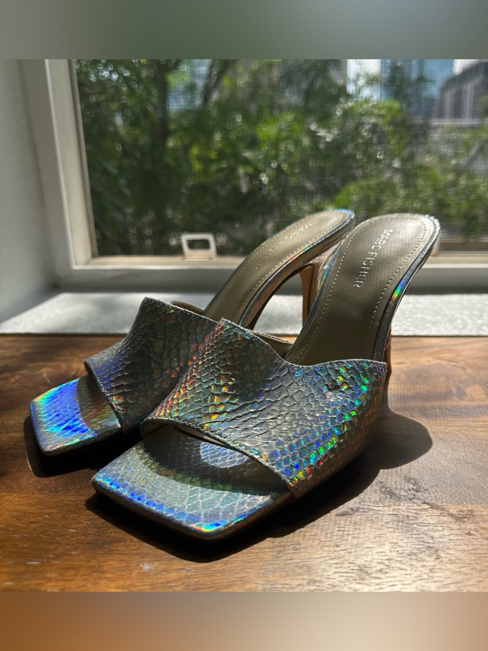 Marc Fisher Iridescent Holographic Snake-Texture Slide Mules